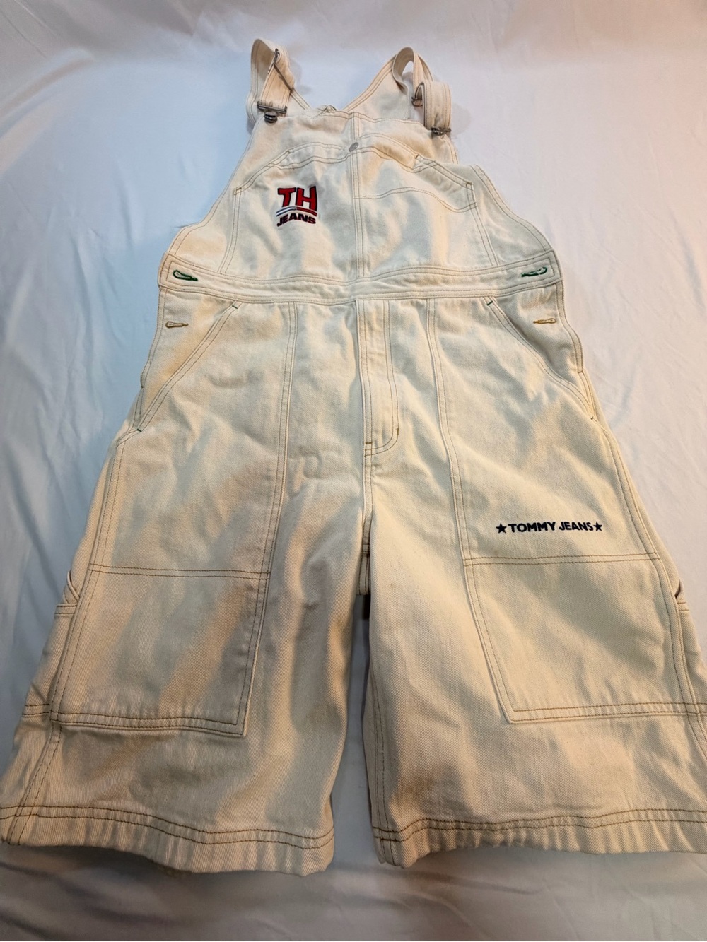 Tommy Hilfiger Cream Short Overalls Size L Vintage TH Jeans Dungarees